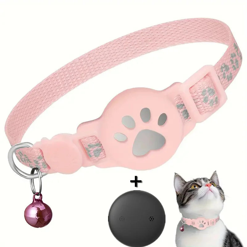 Night Safe Tracker Cat Collar Reflective Paw Design Works iOS & Android Breakaway Buckle Waterproof Anti-Lost Collar for Small Kittens