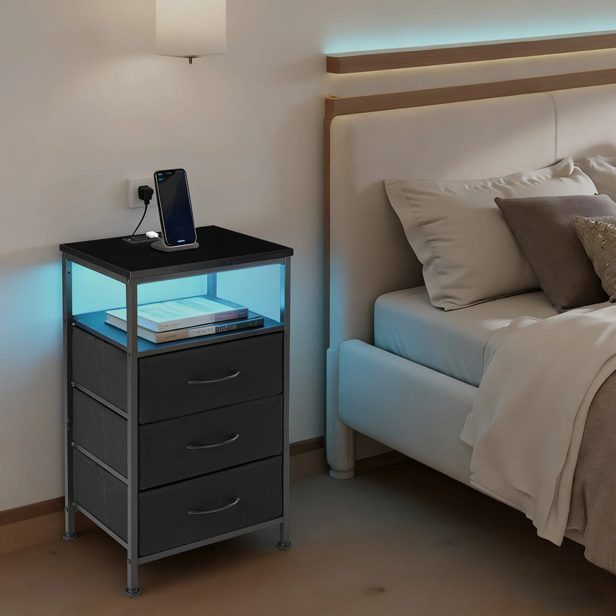 JHK 3 Fabric Drawers Cabinets with Charging Station Bedside End Table with USB/Type-C Ports Outlets Nightstand for Furniture
