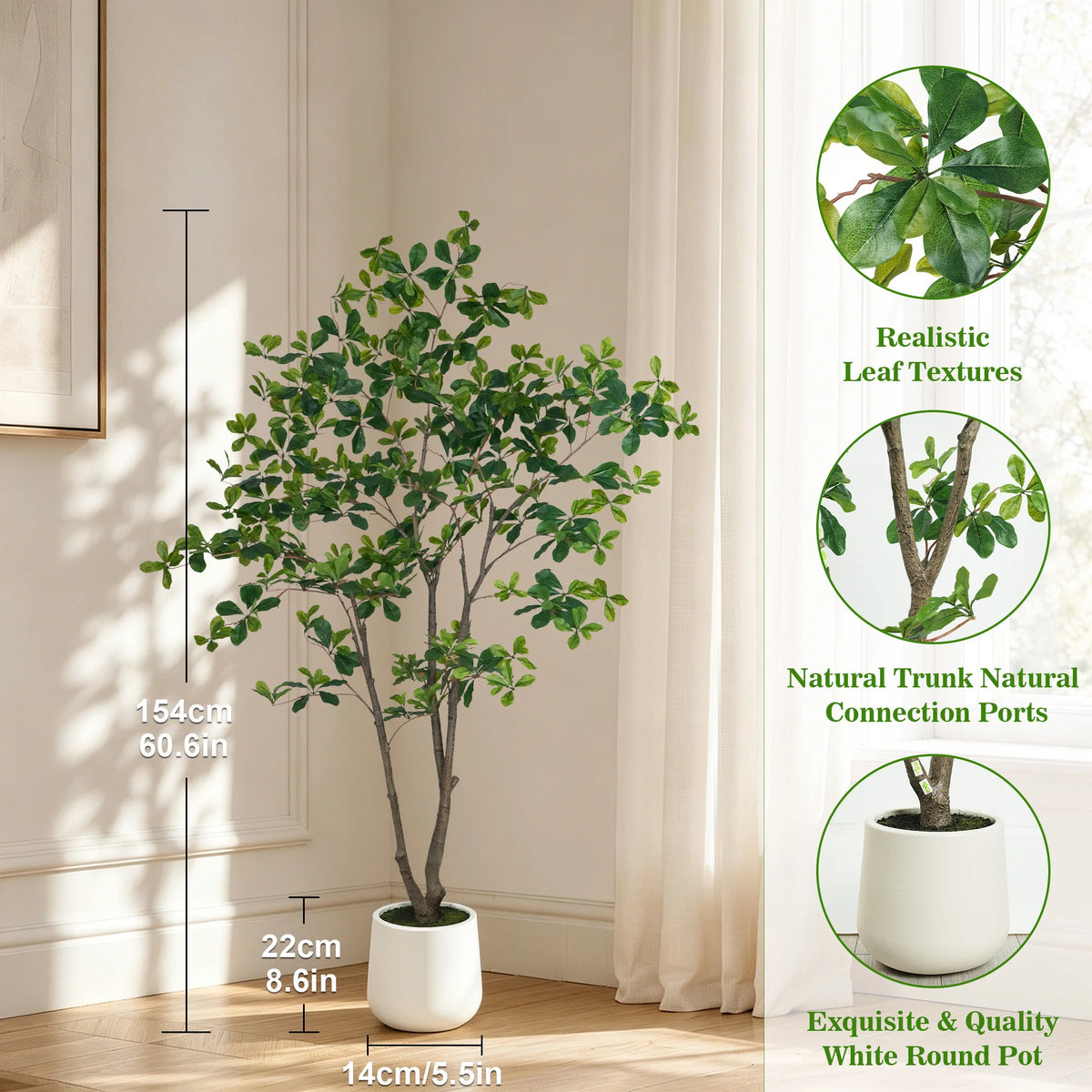 5/6/7ft Faux Black Olive Tree Faux Plants Indoor Large Tall Tree in White Round Pot Aritificial Eucalyptus Tree with Natural Wood Trunk & Realistic Leaves, Fake Olive Plant for Home Office Indoor Decor