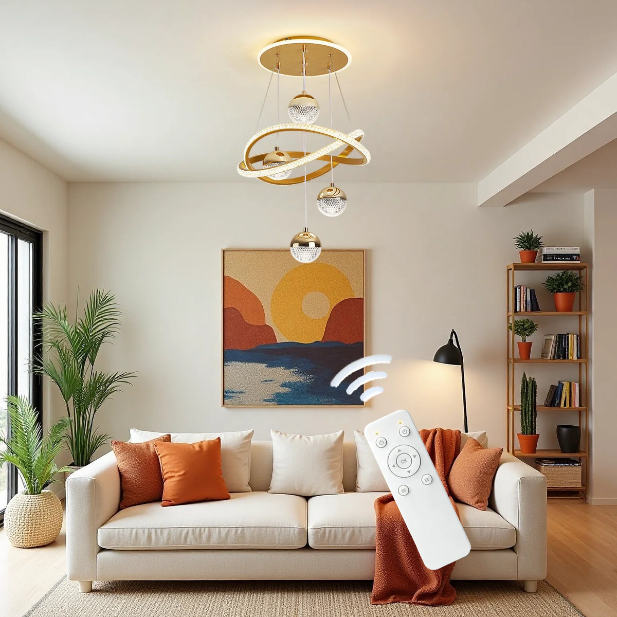 Modern LED Pendant Light with 4 Spherical Light Heads, Remote Control, Three Adjustable Light Colors, and Adjustable Height. Suitable for Above Dining Tables, Living Rooms, Bedrooms, and Home Offices.