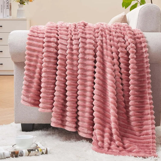 Extra Large 50x60 Inches Super Soft Fleece Throw Blanket for Couch and Bed Ultra Plush Fluffy Fuzzy Cozy Lightweight Decorative Living Room Blanket Warm 3D Ribbed Jacquard Knit Pattern Pink Rose Coral Blush Pastel