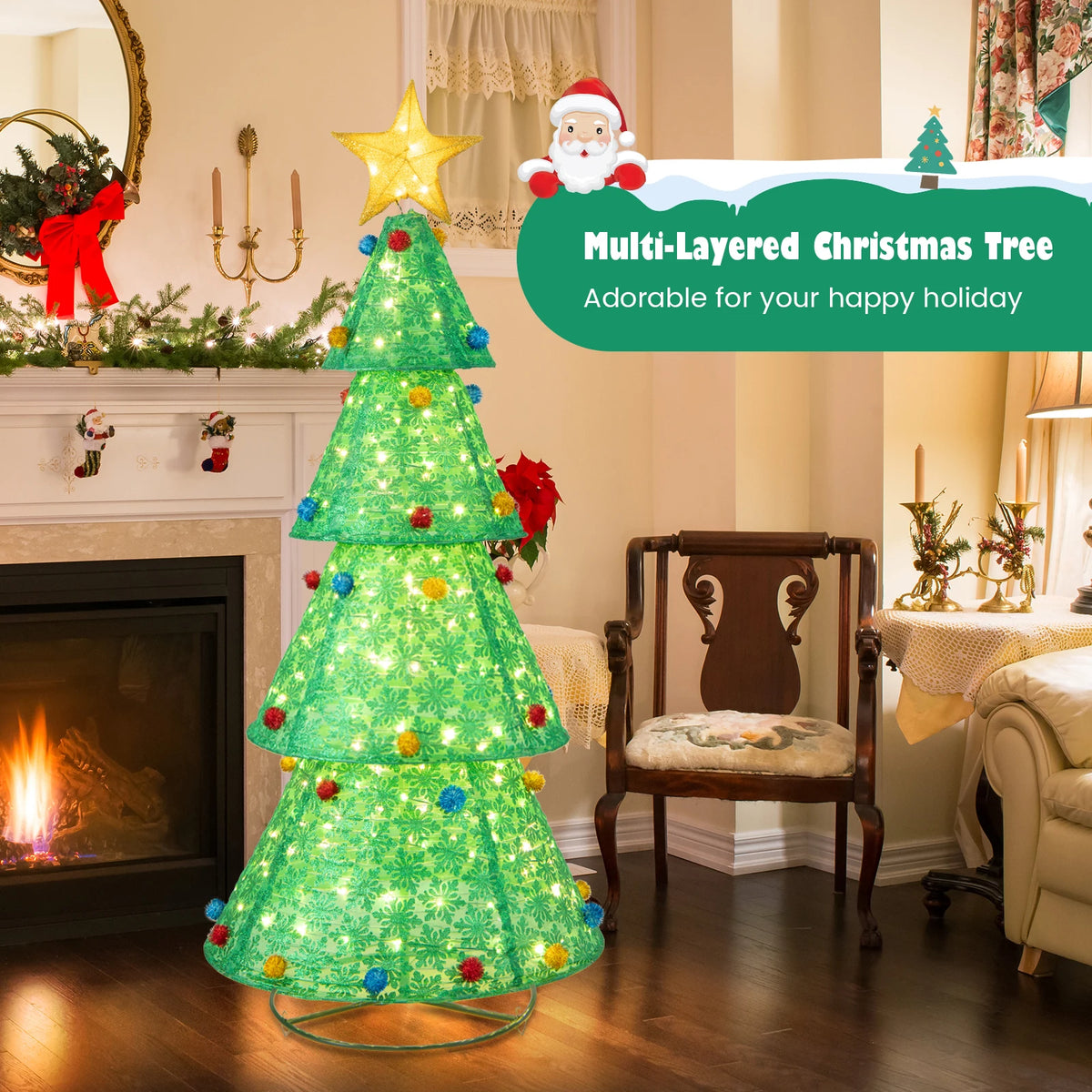 Pop-Up Christmas Tree Pull-Up Artificial Xmas Collapsible Decoration 200 Lights