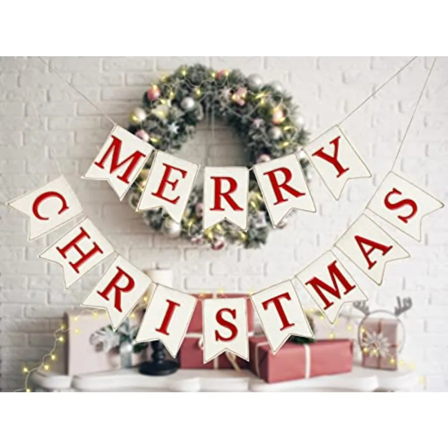 Christmas Burlap Banner Felt Merry Christmas Banner Pre-Assembled White Xmas Bunting Garland Celebration Hanging Decorations fo
