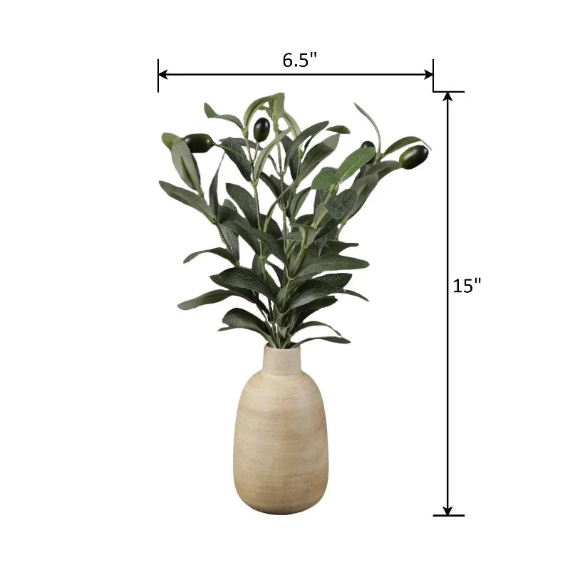 Artificial Olive Arrangement in Wood Finish Ceramic Vase for Tabletops