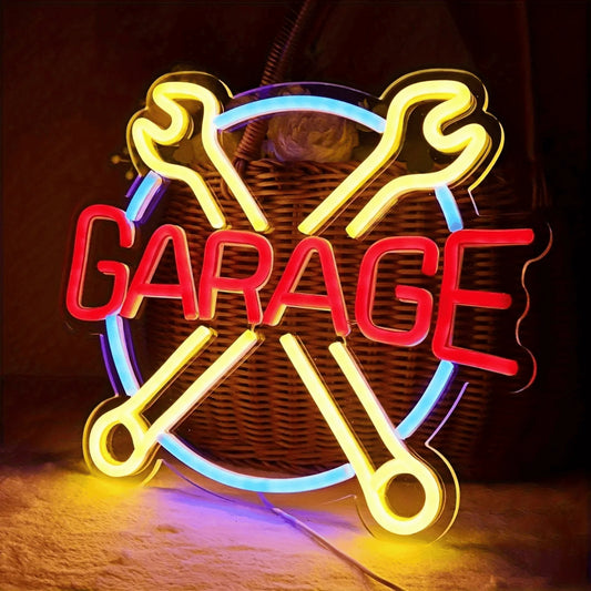 GARAGE Wrench Cross LED Neon Sign Multicolor USB Powered Wall Light for Garage Workshop Auto Repair Shop Man Cave Mechanic Aesthetic Decor Lamp