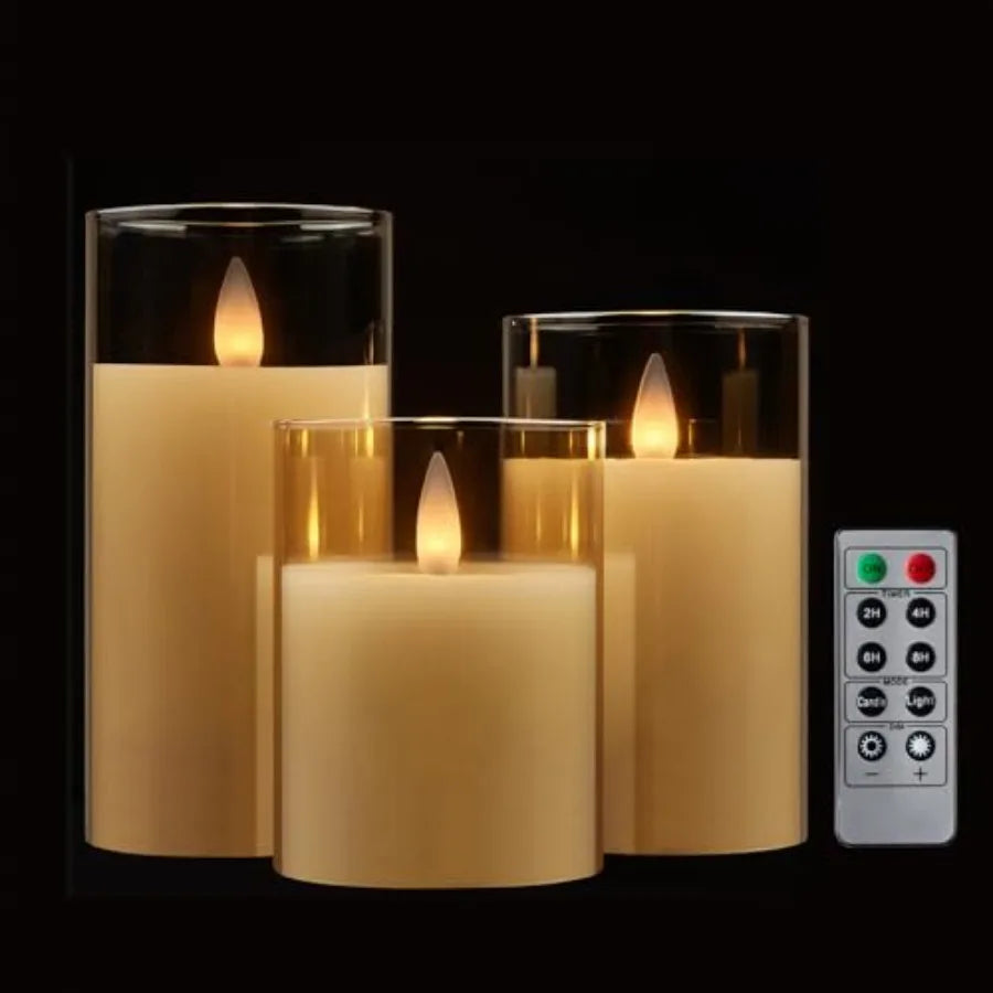 Glass Flameless Pillar Candles Flickering with Remote Timer, Battery Operated LED 3D Moving Flame Real Wax Candles, Remote Incl