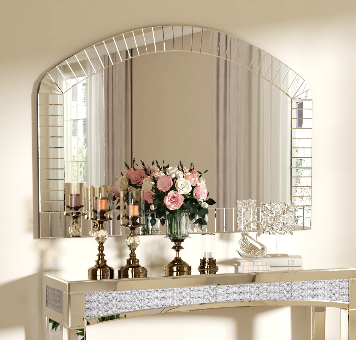 Extra Large Arched Wall Mirror, Silver Glass, Venetian Accent Mirror, Home Living Room Decor, Bling Beveled Edge