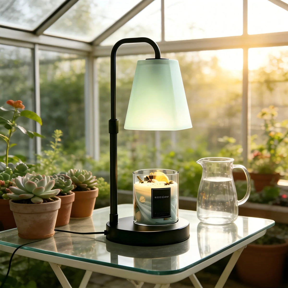 Mint Green Glass Shade Candle Warmer Lamp, 4-Key Smart Timer Electric Wax Melt Warmer with US Plug, Dimmable Wax Burner for Home Fragrance, Bedroom & Office Decor