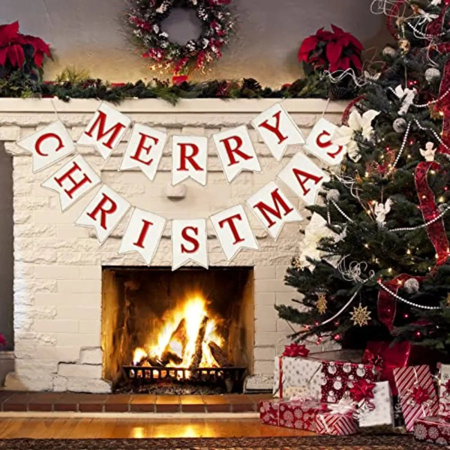 Christmas Burlap Banner Felt Merry Christmas Banner Pre-Assembled White Xmas Bunting Garland Celebration Hanging Decorations fo