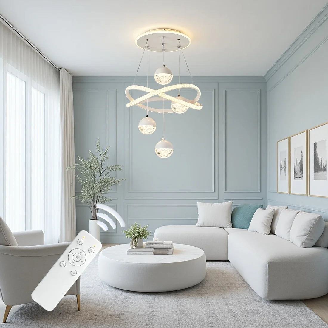 Modern LED Pendant Light with 4 Spherical Light Heads, Remote Control, Three Adjustable Light Colors, and Adjustable Height. Suitable for Above Dining Tables, Living Rooms, Bedrooms, and Home Offices.