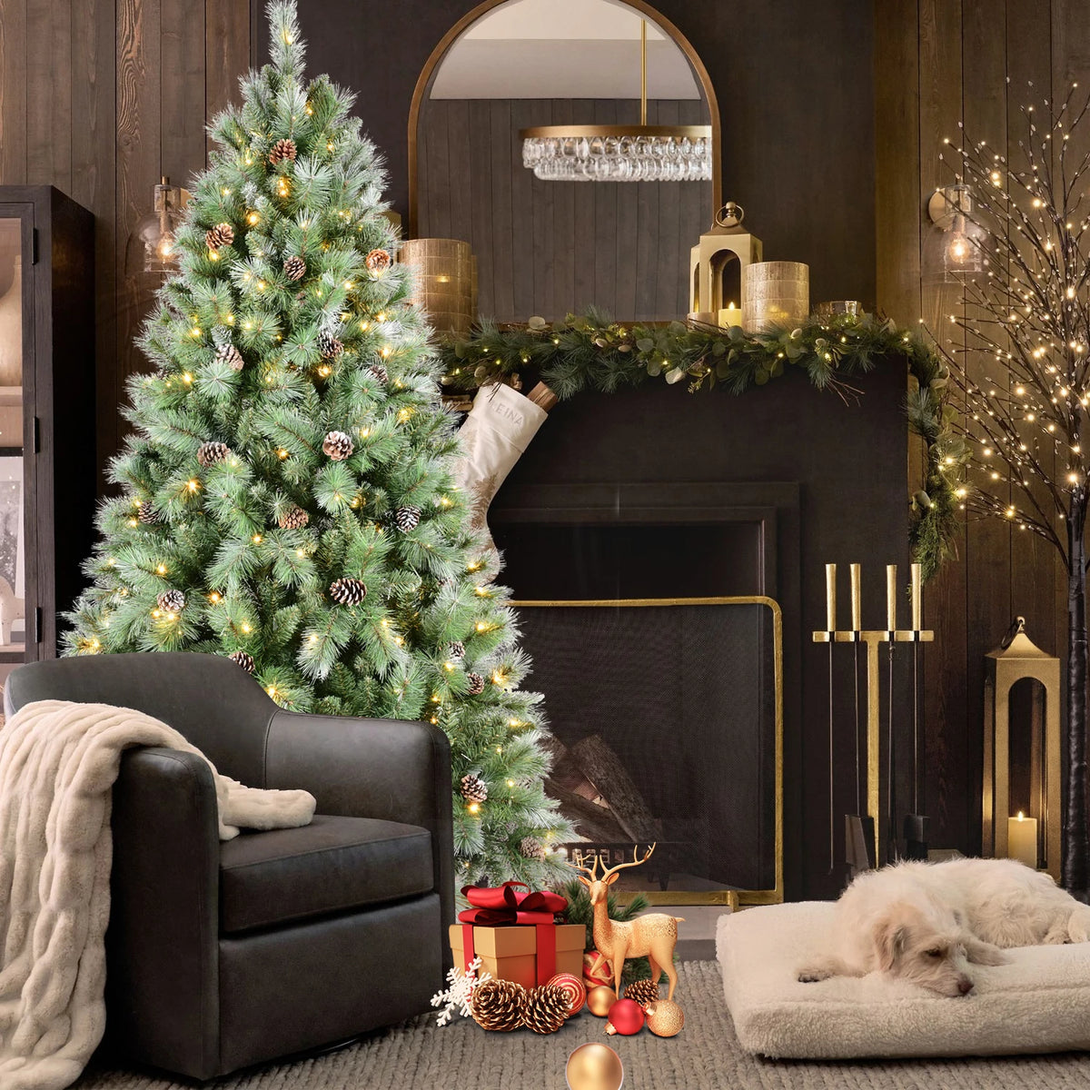 7.5ft Christmas Tree with 92 Pine Cones, 1588 Tip Mixed PVC & Hard Needle Hinged Construction, Easy Setup Artificial Holiday Tree with Heavy-Duty Metal Stand, Green