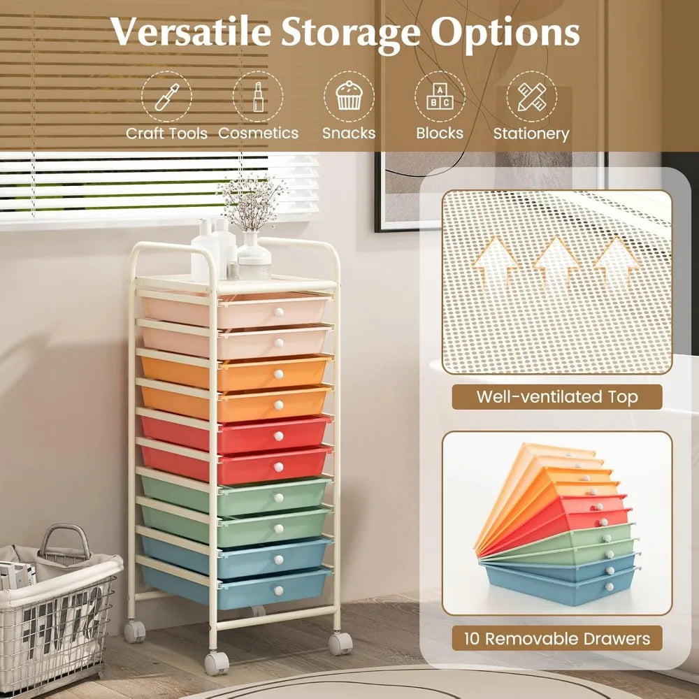 Ten Drawer Rolling Cart with Wheels Metal Frame Mobile Storage Trolley for Small Spaces Makeup Kitchen Office Playroom