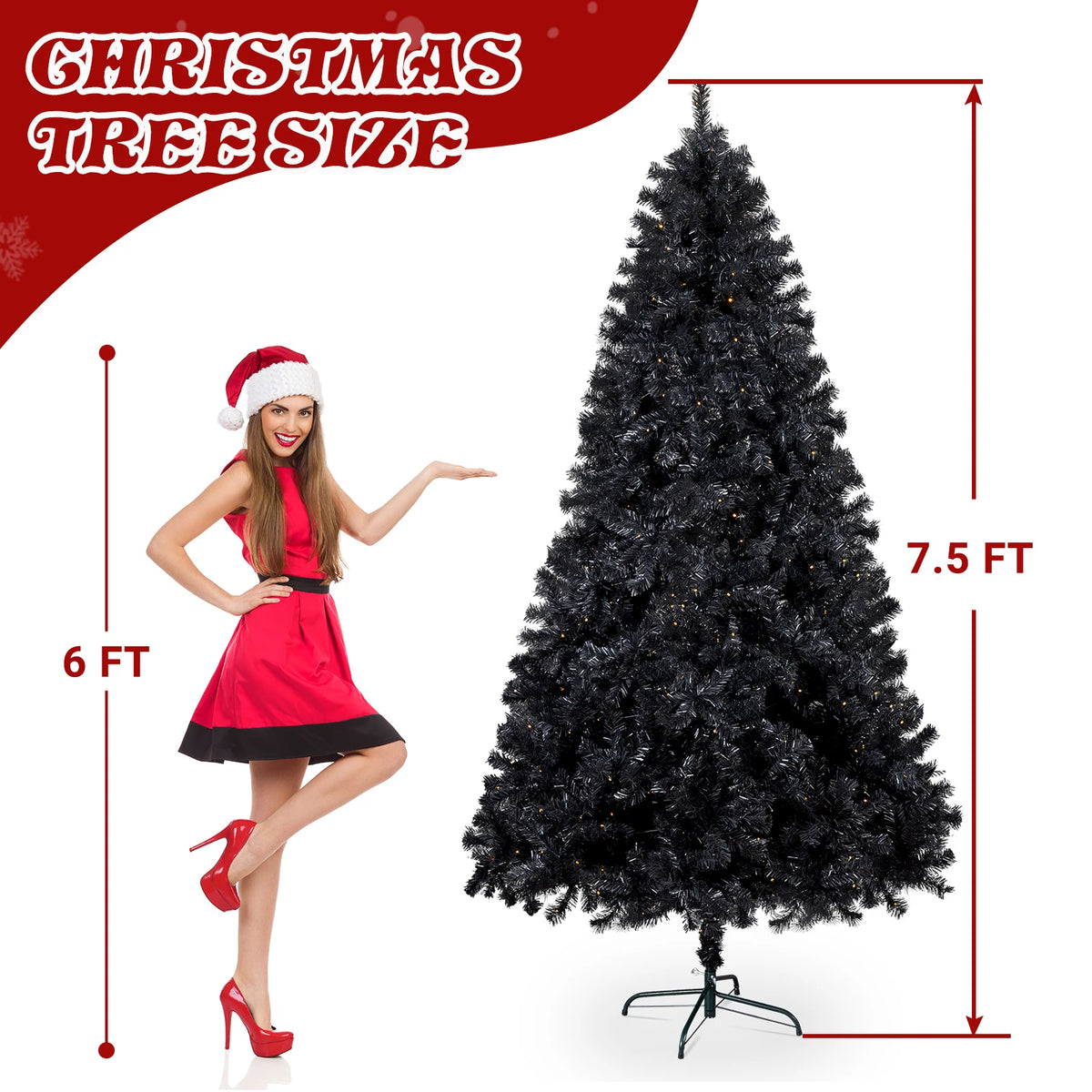 7.5 FT Pre-lit Artificial Christmas Tree, Hinged Xmas Pine Tree with 1350 Branch Tips, 400 Lights and Remote Control for Holiday Party Office Home, Black