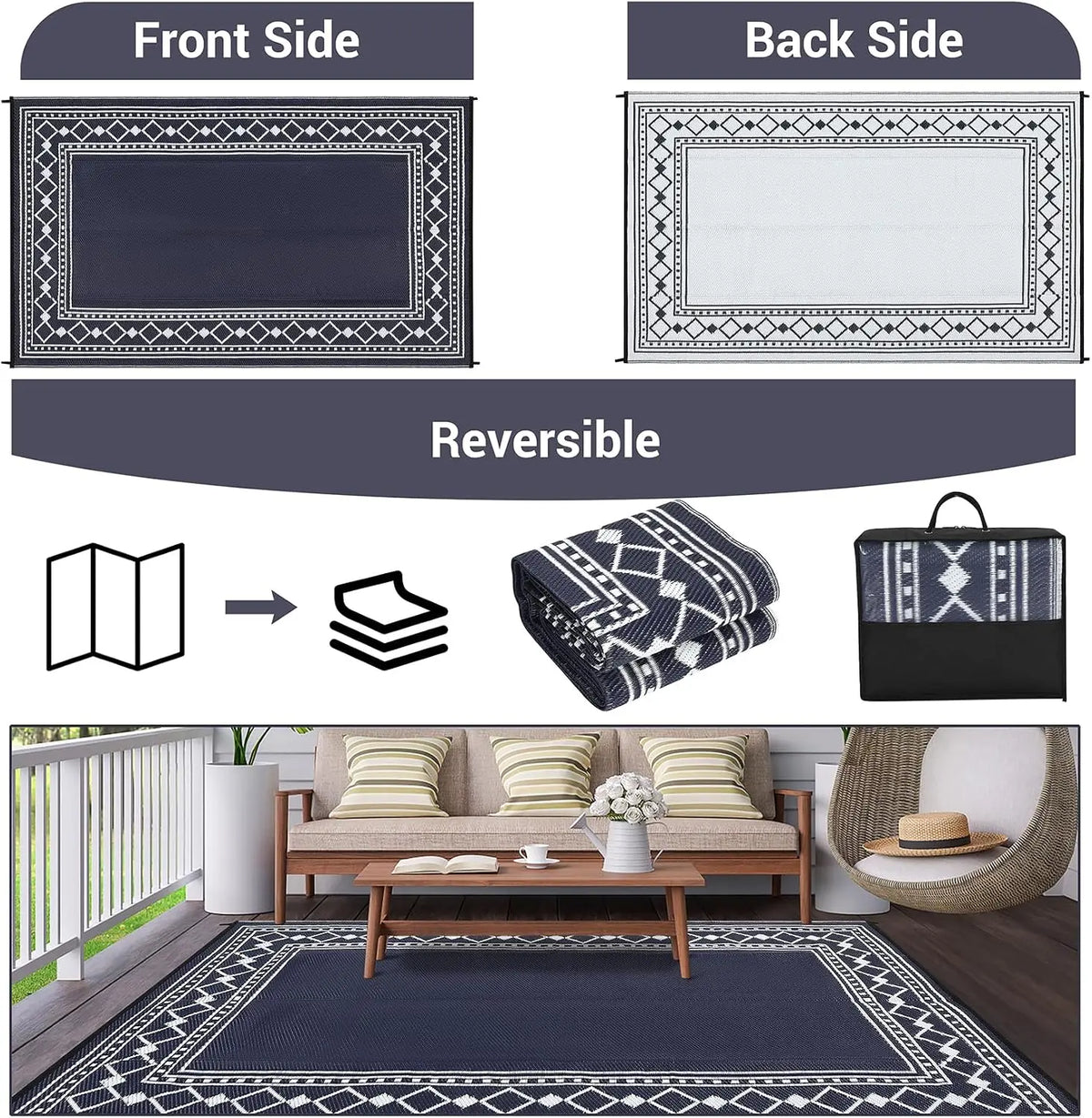 Waterproof Plastic Straw Rug Washable Reversible Outdoor Decor