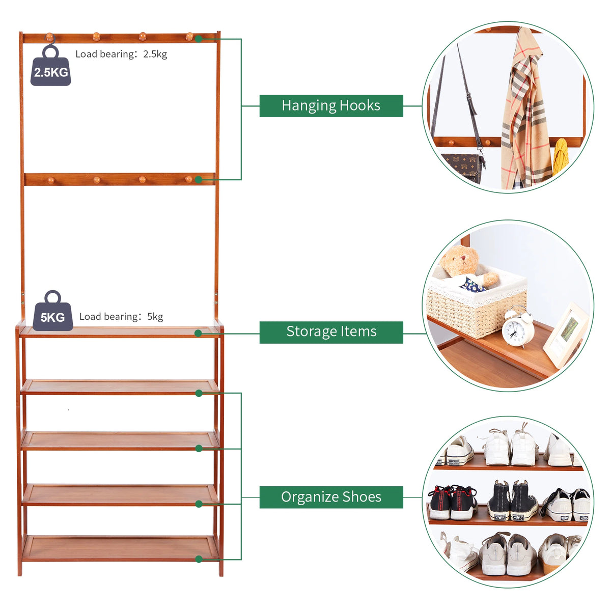 185cm Large Wooden 5 Tiers Hall Tree Hat Coat Stand with 8 Hooks Clothes Shoe Rack Hanger Hooks Shelf Storage  ﻿