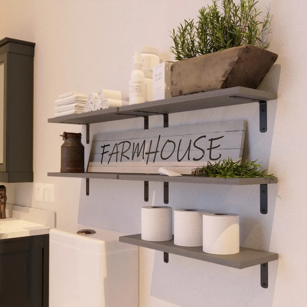 Set of 5 Rustic Floating Wall Shelves, Farmhouse Wooden Wall Mount Storage Shelving with Anti-Fall Metal Guardrail, Decorative Display Organizer for Bathroom, Bedroom, Kitchen, Living Room & Office