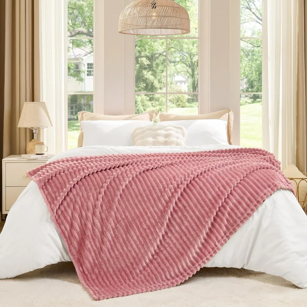 Extra Large 50x60 Inches Super Soft Fleece Throw Blanket for Couch and Bed Ultra Plush Fluffy Fuzzy Cozy Lightweight Decorative Living Room Blanket Warm 3D Ribbed Jacquard Knit Pattern Pink Rose Coral Blush Pastel