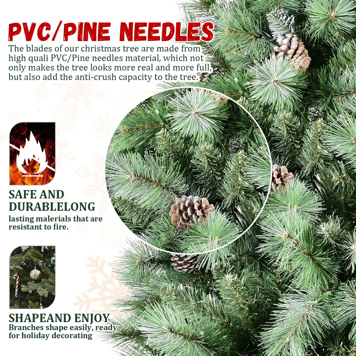 7.5ft Christmas Tree with 92 Pine Cones, 1588 Tip Mixed PVC & Hard Needle Hinged Construction, Easy Setup Artificial Holiday Tree with Heavy-Duty Metal Stand, Green