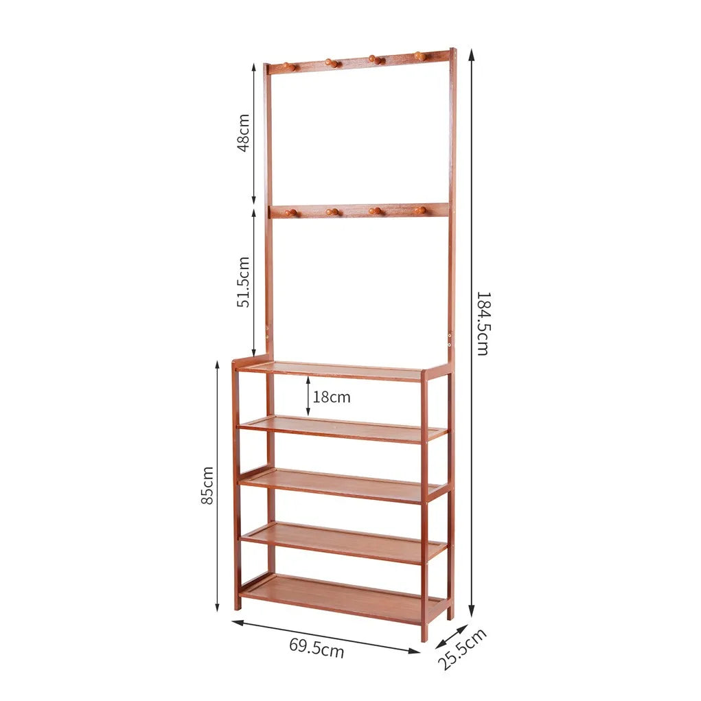 185cm Large Wooden 5 Tiers Hall Tree Hat Coat Stand with 8 Hooks Clothes Shoe Rack Hanger Hooks Shelf Storage  ﻿