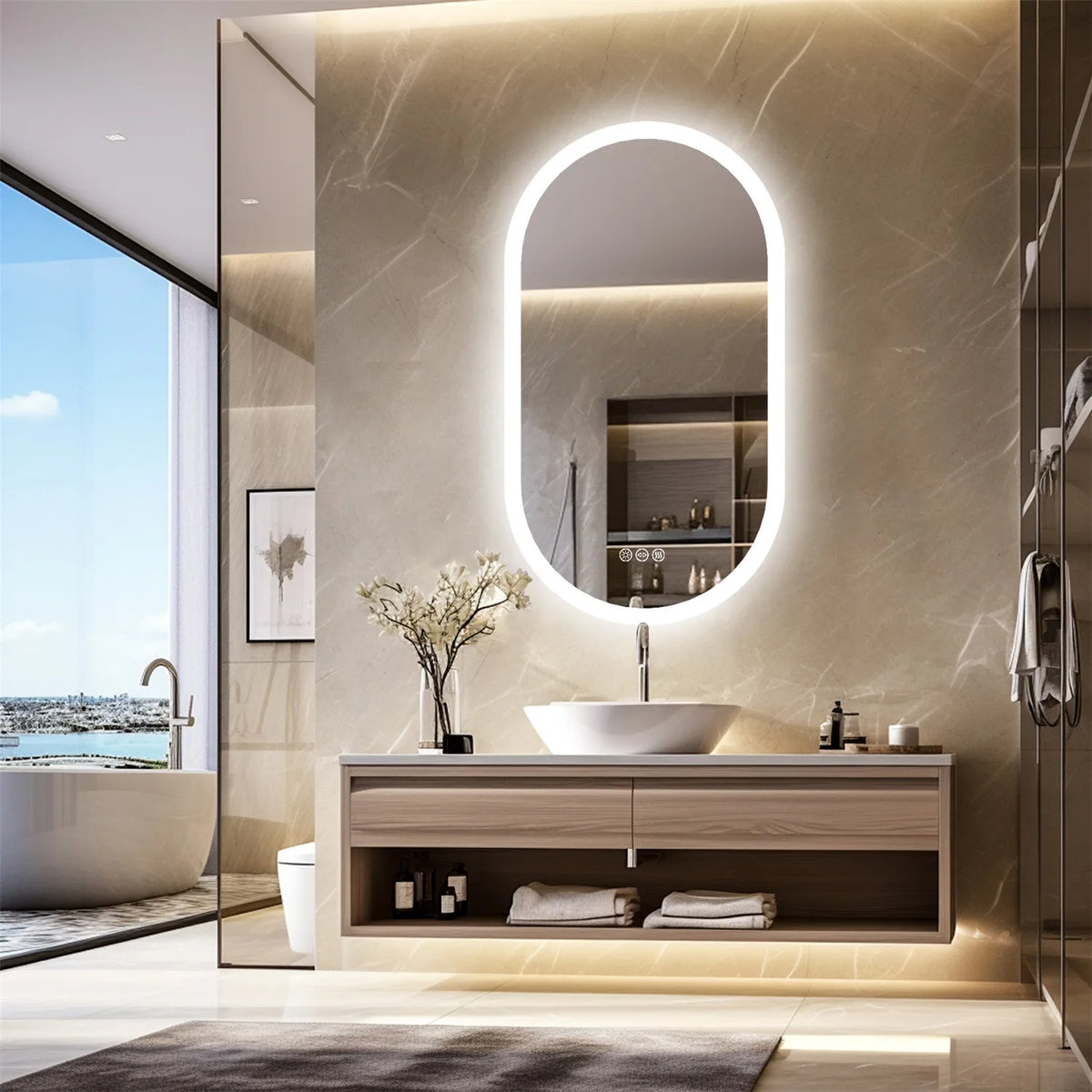 Backlit Smart LED Bathroom Mirror: Oval Dimmable 3 Colors Anti-Fog Mirrors with Light Memory - IP65 CRI95 Large Wall Mounted