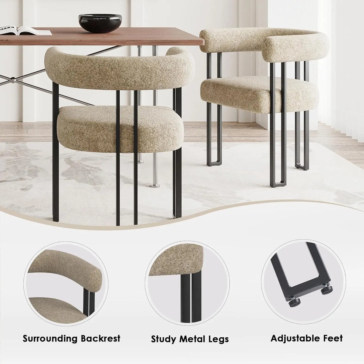 Set of 2 Upholstered Dining Arm Chairs, Bouclé Fabric Accent Chairs, Modern Armchairs with Cushioned Seat & Back