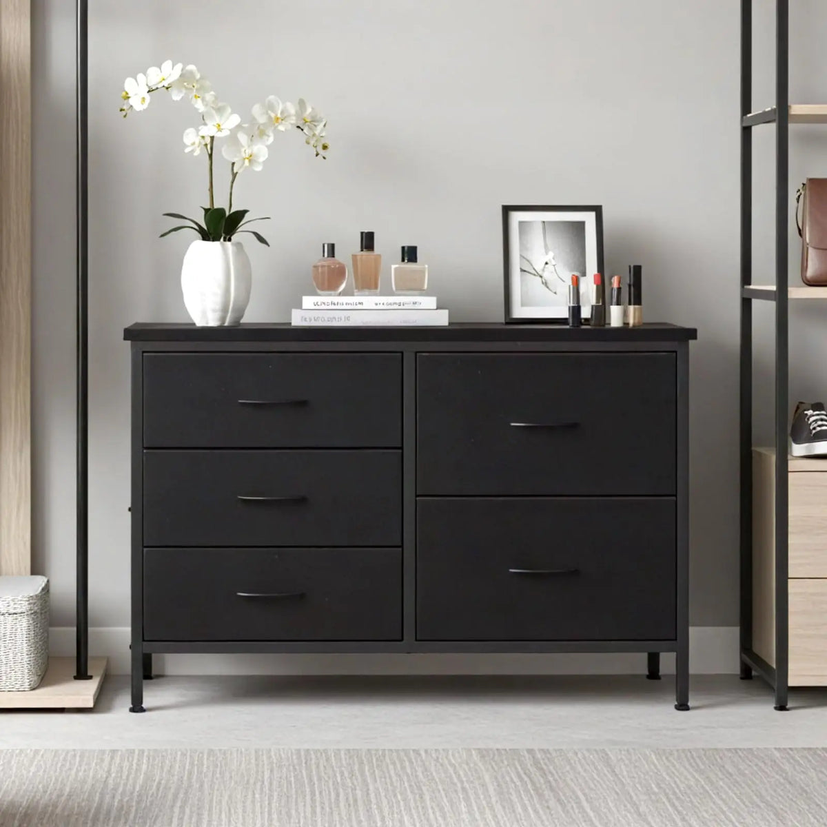 MCQ Cabinet With 5 Fabric Drawers Metal Frame Beside Nightstand Dresser TV Stand Tables Various Storage Display Home Furniture