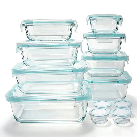 24 Pcs Glass Food Storage Containers Set Modern Clear Borosilicate Glass Meal Prep Containers Airtight Leakproof Teal Locking Lids Microwave Oven Safe Bento Box Bins For Kitchen Pantry Office Picnic Housewarming Gift