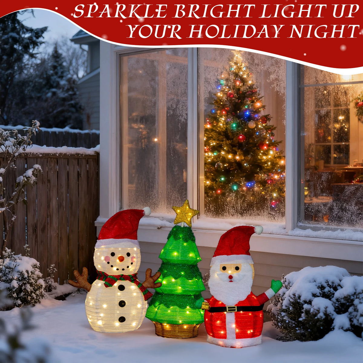 Set of 3 Lighted Santa and Snowman and Xmas Tree Christmas Decorations, Pre-lit Pull Up Holiday Decor with 150 Warm White LED Lights for Xmas Outdoor Indoor Decor Lighted Holiday Displays