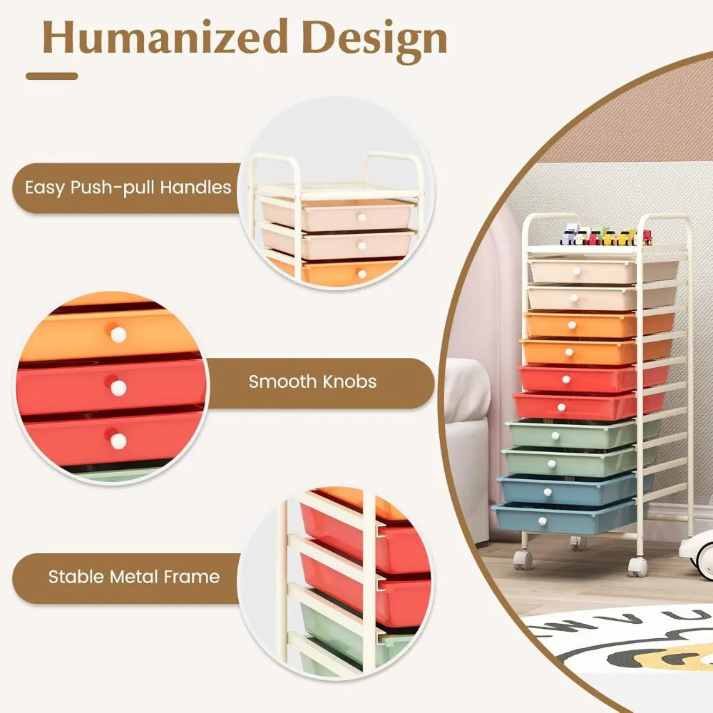 Ten Drawer Rolling Cart with Wheels Metal Frame Mobile Storage Trolley for Small Spaces Makeup Kitchen Office Playroom