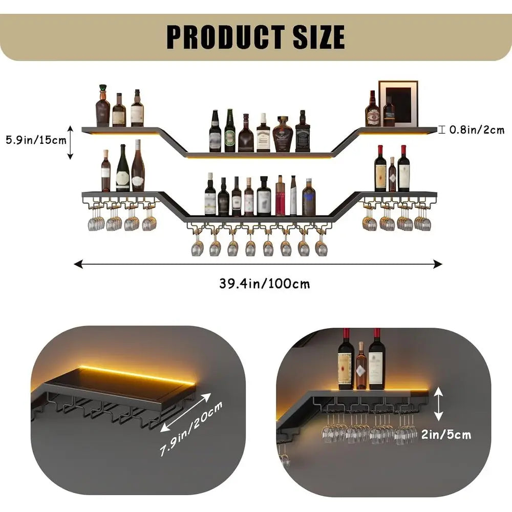 39.4 Contemporary LED Wall-Mounted 3-Tier Wine Rack with Glass Holder, Black, Ideal for Home Bar & Dining Area