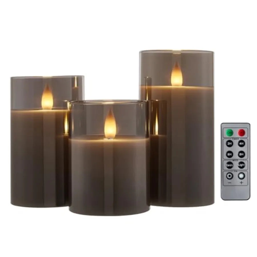Glass Flameless Pillar Candles Flickering with Remote Timer, Battery Operated LED 3D Moving Flame Real Wax Candles, Remote Incl