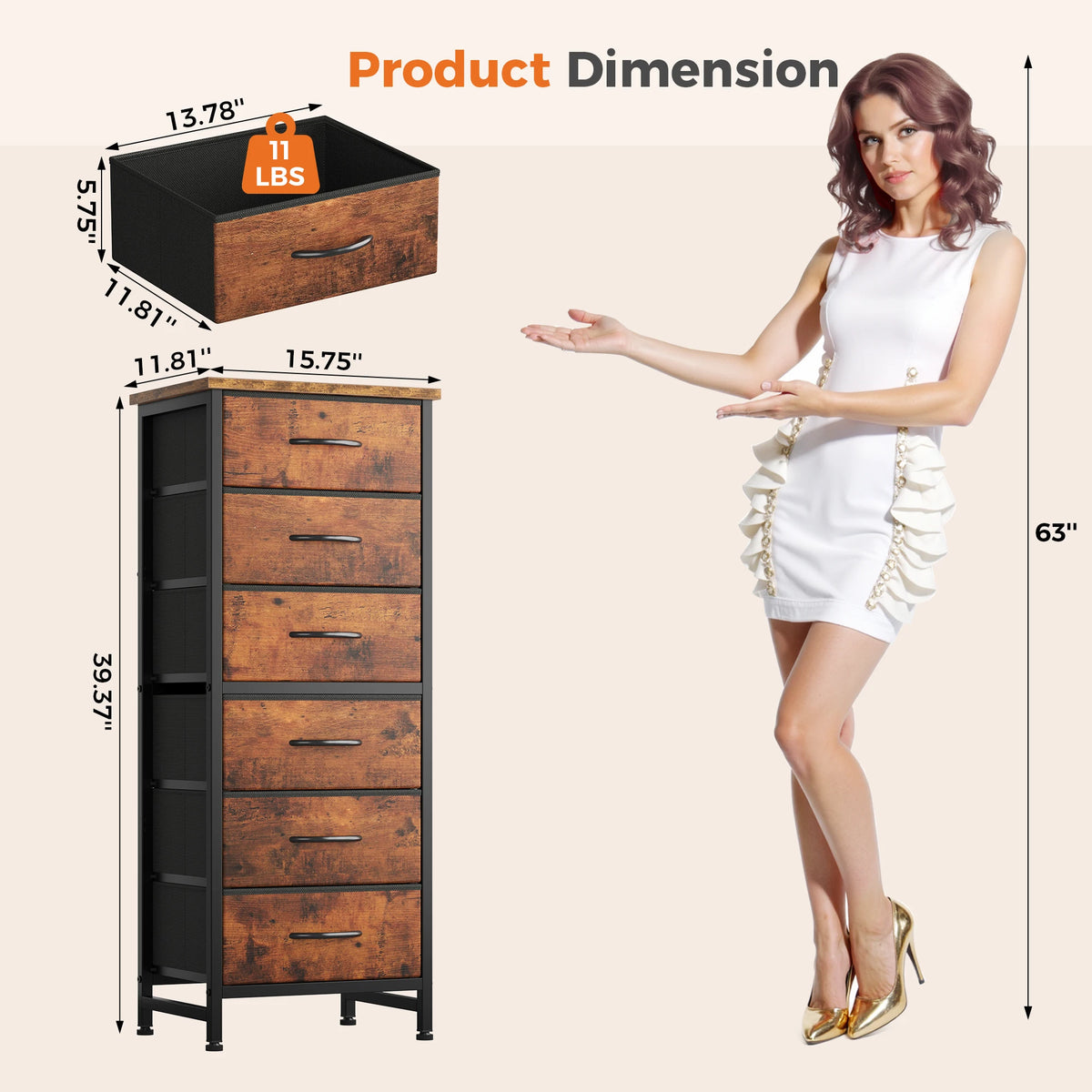 JHK Six Drawer Dresser With Wood Top And Metal Frame