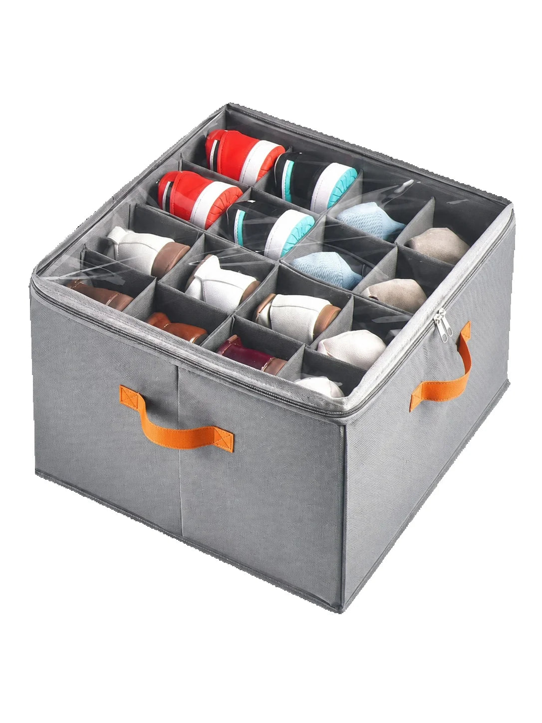 Fabric Shoe Storage Organizer Bin with Clear Cover, Multi-Compartment Vertical Shoe Storage Box with Handles, Space Saving Closet Organizer Container for Sneakers Heels Flats