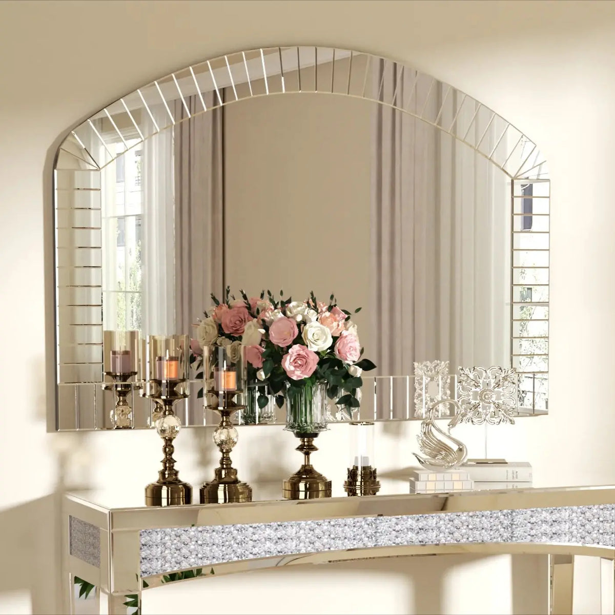 Extra Large Arched Wall Mirror, Silver Glass, Venetian Accent Mirror, Home Living Room Decor, Bling Beveled Edge
