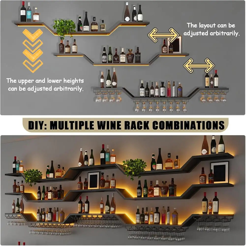39.4 Contemporary LED Wall-Mounted 3-Tier Wine Rack with Glass Holder, Black, Ideal for Home Bar & Dining Area