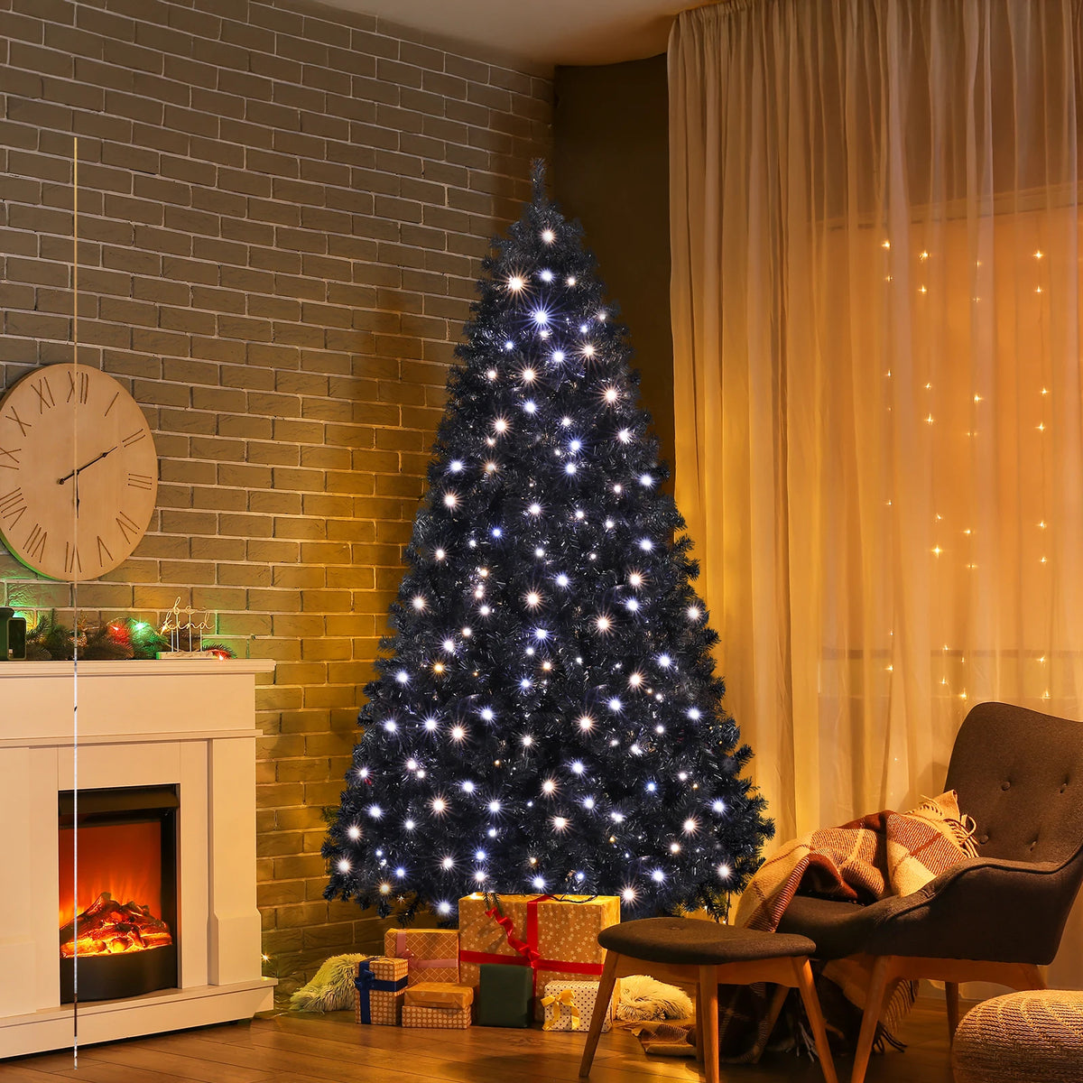 7.5 FT Pre-lit Artificial Christmas Tree, Hinged Xmas Pine Tree with 1350 Branch Tips, 400 Lights and Remote Control for Holiday Party Office Home, Black