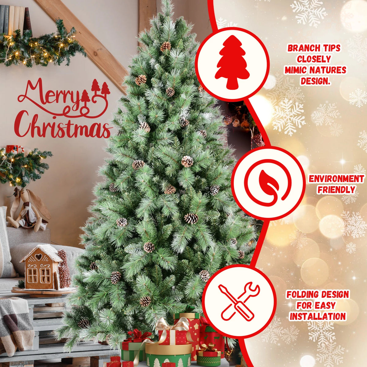 7.5ft Christmas Tree with 92 Pine Cones, 1588 Tip Mixed PVC & Hard Needle Hinged Construction, Easy Setup Artificial Holiday Tree with Heavy-Duty Metal Stand, Green