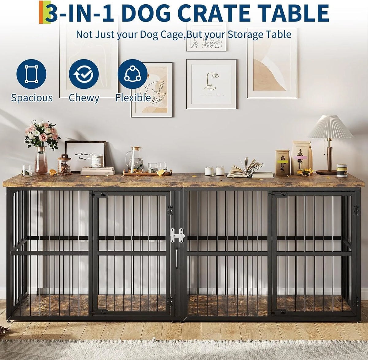 87 Inch Extra Large Double Dog Crate Furniture with Divider 3 Doors Heavy Duty Wooden Indoor Dog Kennel Cabinet TV Stand for 2 Dogs Lockable Pet House with Storage Table