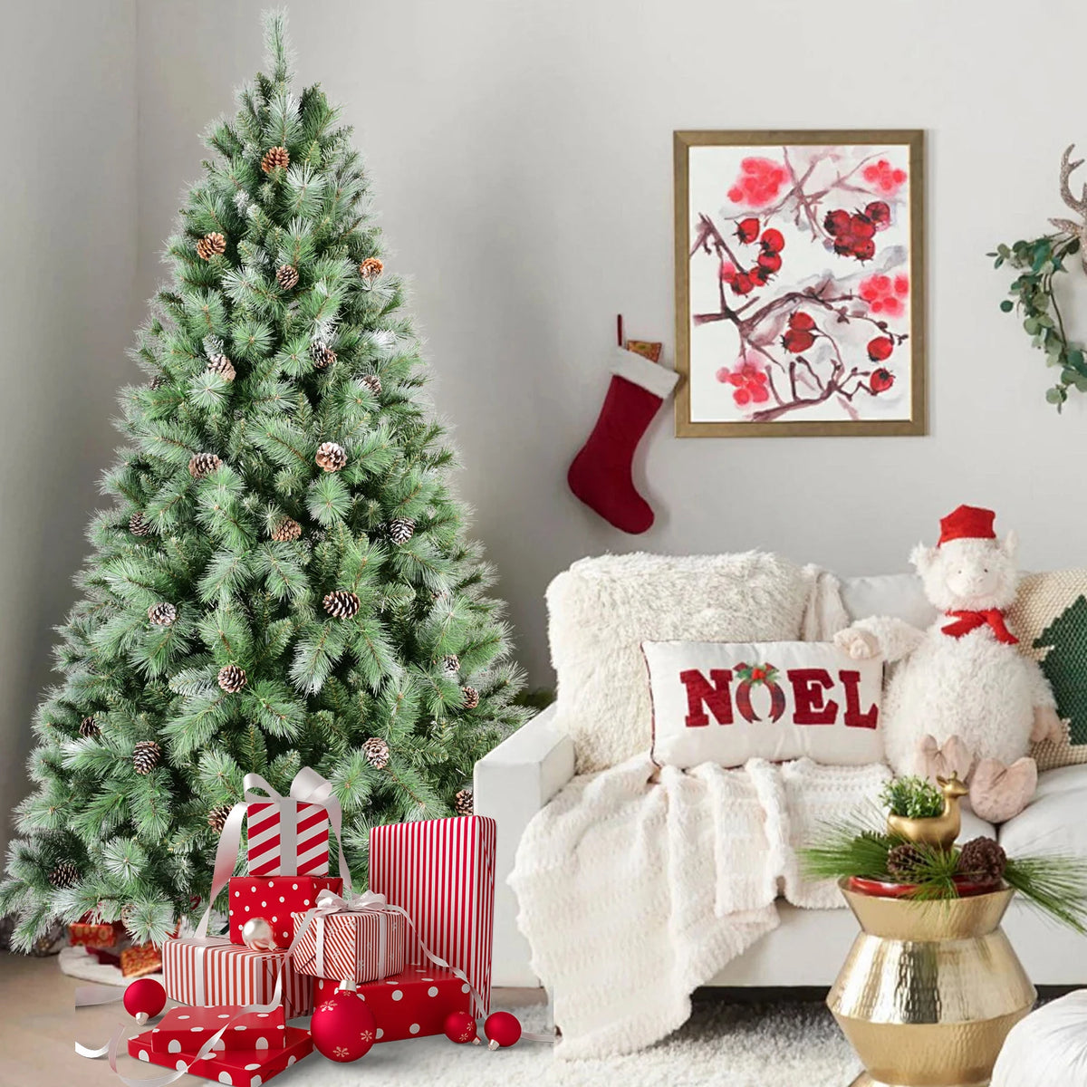 7.5ft Christmas Tree with 92 Pine Cones, 1588 Tip Mixed PVC & Hard Needle Hinged Construction, Easy Setup Artificial Holiday Tree with Heavy-Duty Metal Stand, Green