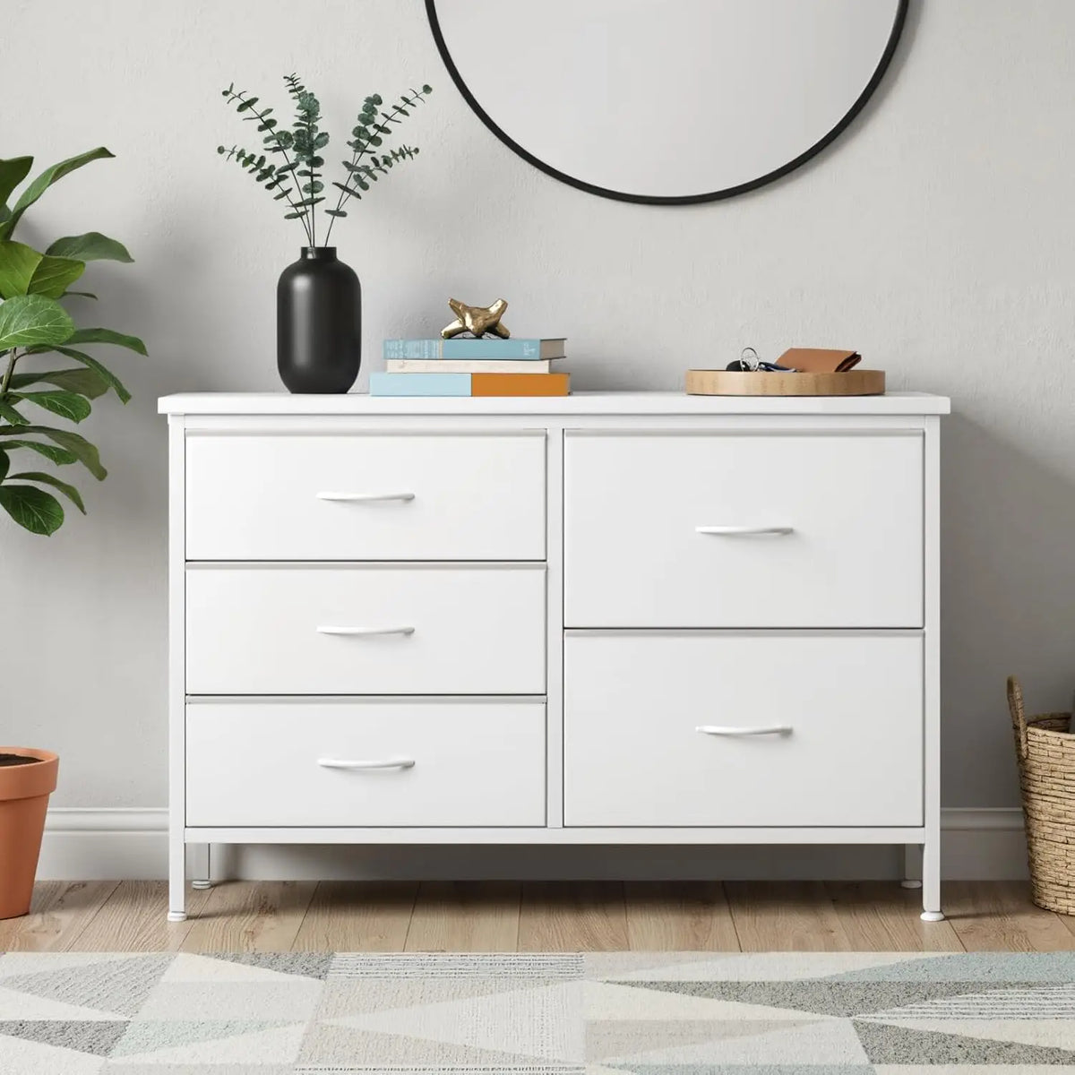 MCQ Cabinet With 5 Fabric Drawers Metal Frame Beside Nightstand Dresser TV Stand Tables Various Storage Display Home Furniture