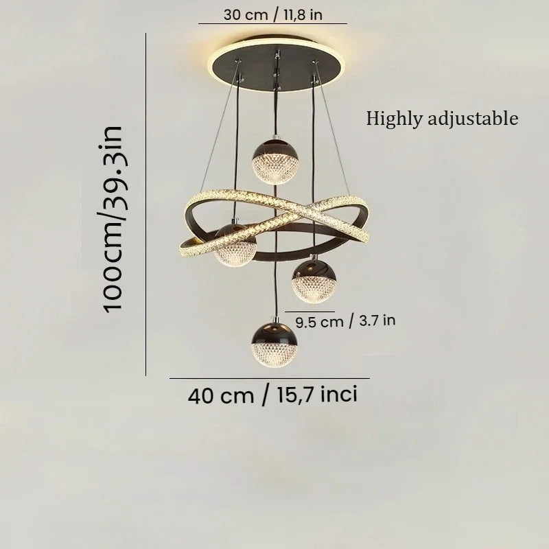 Modern LED Pendant Light with 4 Spherical Light Heads, Remote Control, Three Adjustable Light Colors, and Adjustable Height. Suitable for Above Dining Tables, Living Rooms, Bedrooms, and Home Offices.