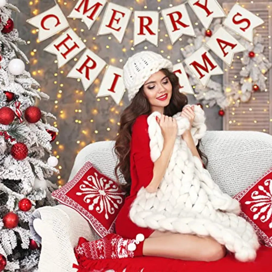 Christmas Burlap Banner Felt Merry Christmas Banner Pre-Assembled White Xmas Bunting Garland Celebration Hanging Decorations fo