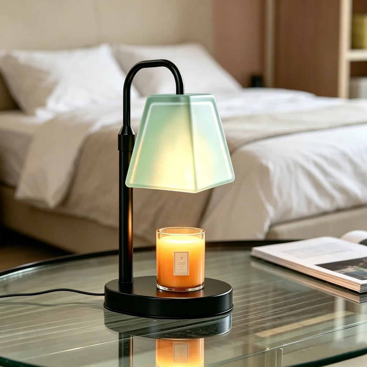 Mint Green Glass Shade Candle Warmer Lamp, 4-Key Smart Timer Electric Wax Melt Warmer with US Plug, Dimmable Wax Burner for Home Fragrance, Bedroom & Office Decor