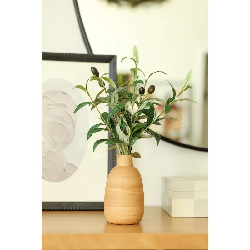 Artificial Olive Arrangement in Wood Finish Ceramic Vase for Tabletops