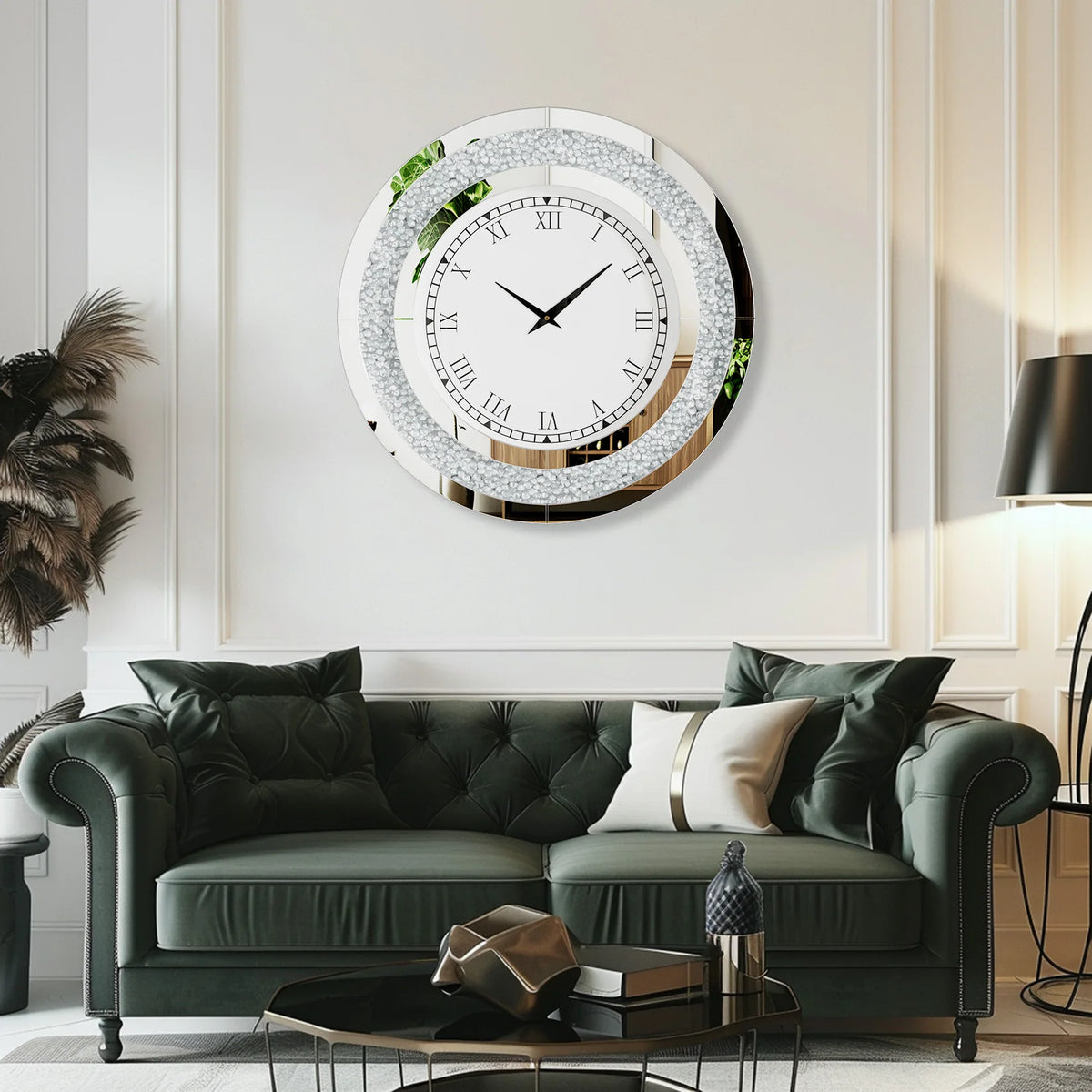 Large Mirror Wall Clock with Crushed Diamond Edge, Sparkling Bling Bling Crystal Round Clock for Living Room, Luxury Glamorous Home Decor, Silent Non-Ticking Quartz, Silver/Tawny Roman Numeral Modern Wall Art