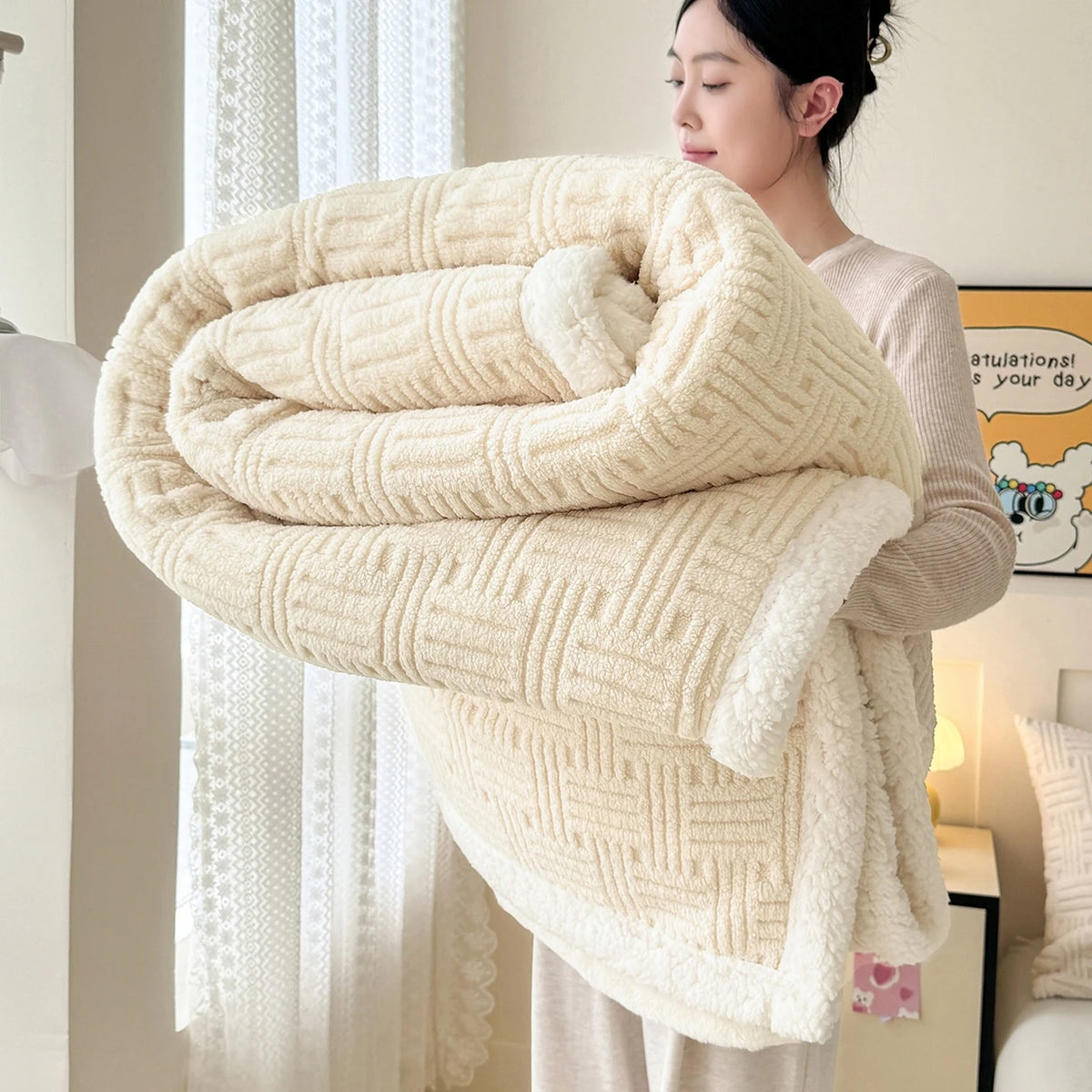 Throw Blanket, Double-Layer Vertical And Horizontal Striped Blanket, 3D Stripe Reversible, Ultra-Soft And Skin-Friendly for All Seasons, Suitable for Sofa/Bed/Office/Lunch Break/Travel, Machine Washable