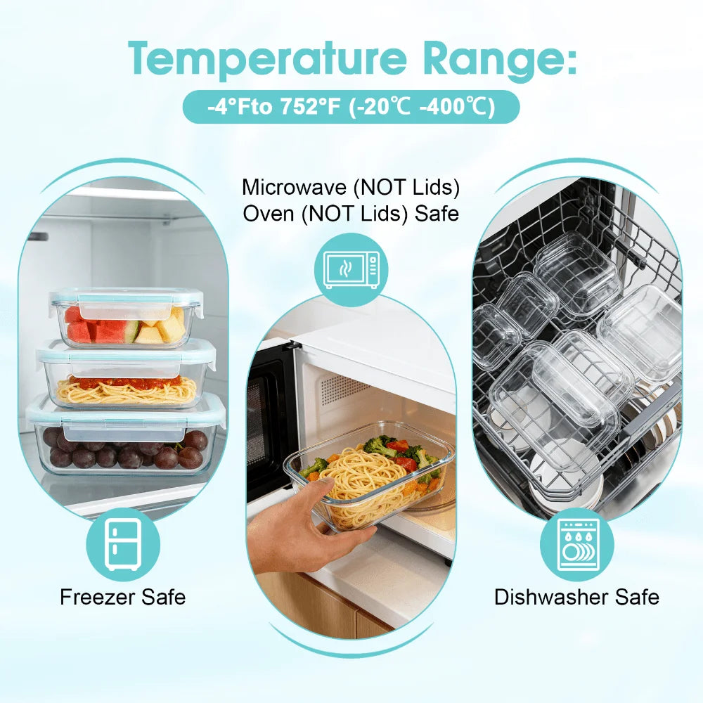 24 Pcs Glass Food Storage Containers Set Modern Clear Borosilicate Glass Meal Prep Containers Airtight Leakproof Teal Locking Lids Microwave Oven Safe Bento Box Bins For Kitchen Pantry Office Picnic Housewarming Gift