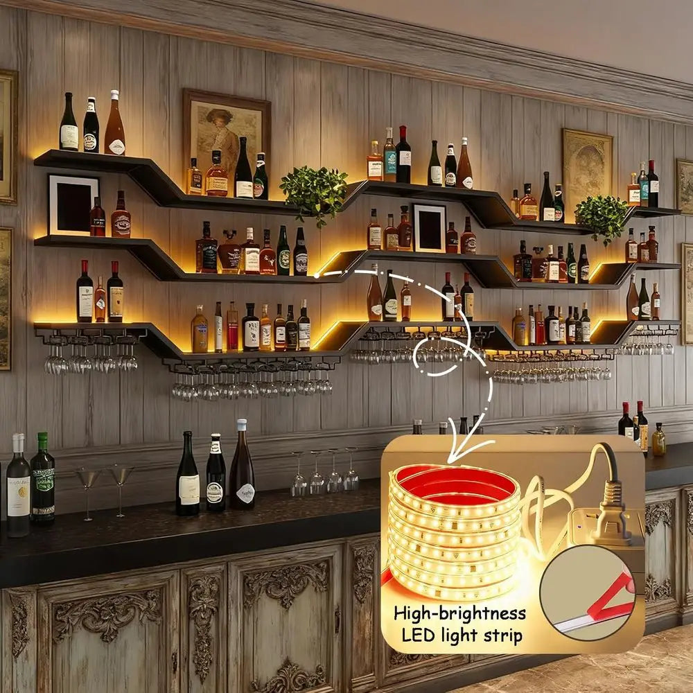 39.4 Contemporary LED Wall-Mounted 3-Tier Wine Rack with Glass Holder, Black, Ideal for Home Bar & Dining Area