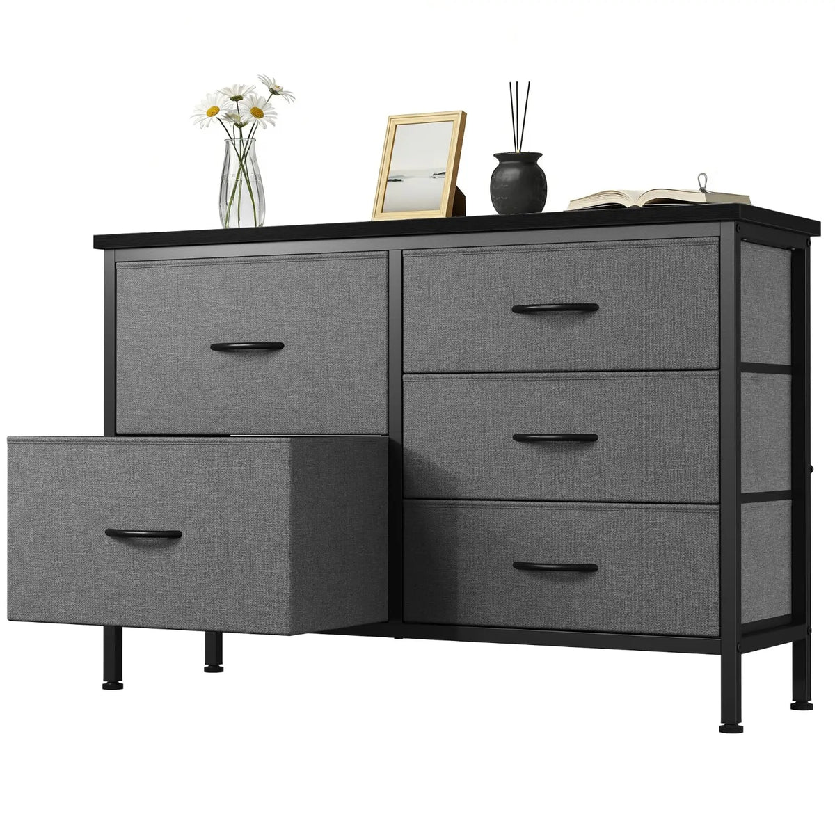MCQ Cabinet With 5 Fabric Drawers Metal Frame Beside Nightstand Dresser TV Stand Tables Various Storage Display Home Furniture