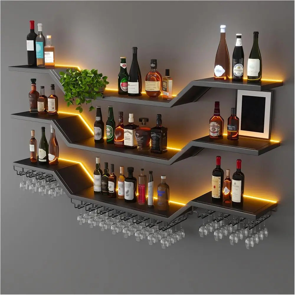 39.4 Contemporary LED Wall-Mounted 3-Tier Wine Rack with Glass Holder, Black, Ideal for Home Bar & Dining Area